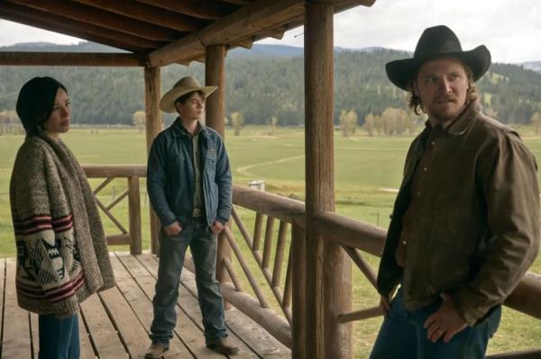 Monica Long Dutton (Kelsey Asbille), Tate Dutton (Brecken Merrill), and Kayce Dutton (Luke Grimes) in the second half of "Yellowstone" season five.